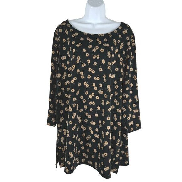 Talbots Knit Jersey Tunic Top 2X Floral Black Tan 3/4 Sleeve Stretch NWT TP-2818 - Picture 1 of 13